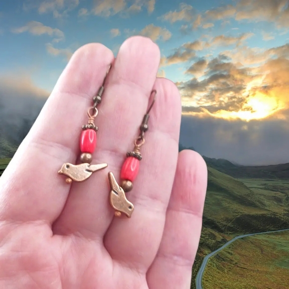 Artisan Jewelry - Artisan Earrings Coral and Copper Bird Charm